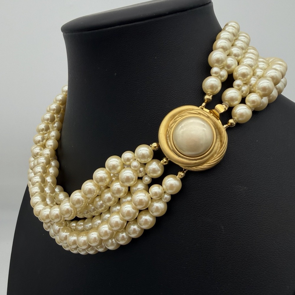 Vtg Carolee Multi Strand Faux Pearl Necklace Gold Tone Side Clasp Statement